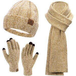 Women's Khaki Warm Knit Beanie Hat Touchscreen Gloves Long Neck Scarf Set